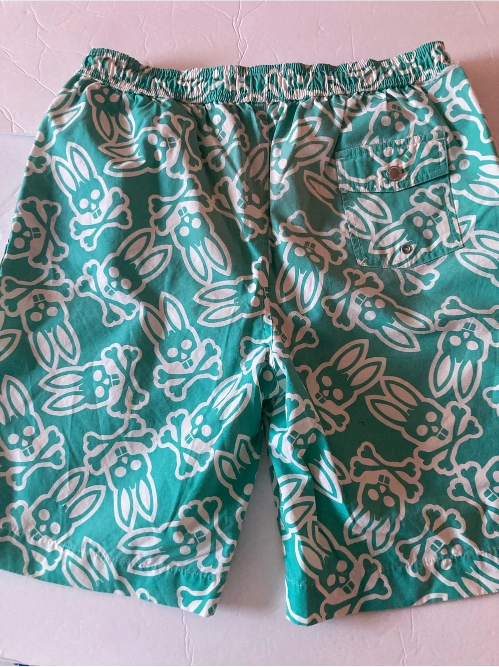Psycho Bunny SZ XL boys Teal and White Bunny-and-Bones Swim Shorts